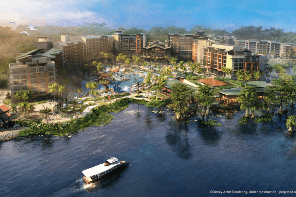 Disney Lakeshore Lodge em 2027 com prédios, piscinas e Bay Lake