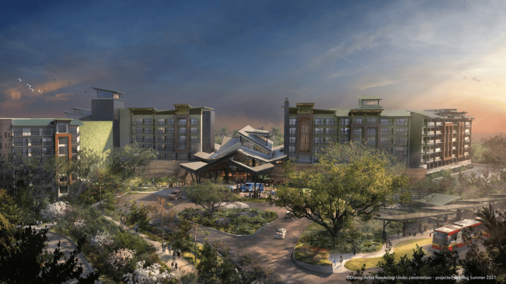 Disney Lakeshore Lodge 2027 com entrada principal e áreas externas