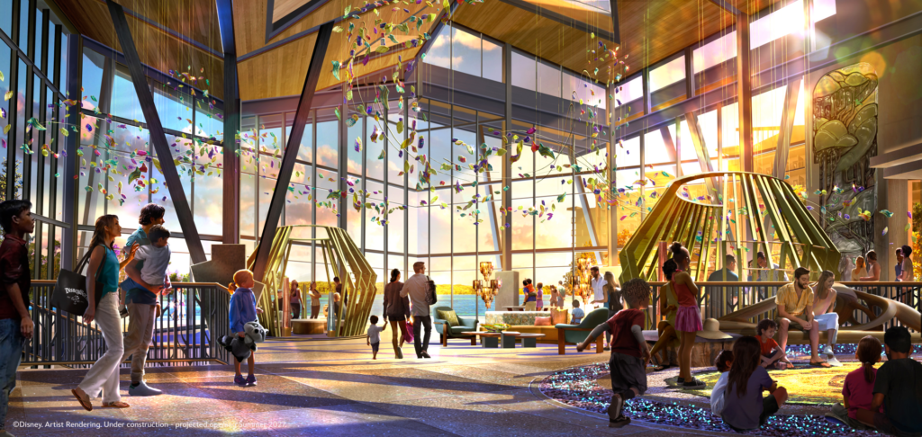 Lobby do Disney Lakeshore Lodge com rio iluminado inspirado em Pocahontas