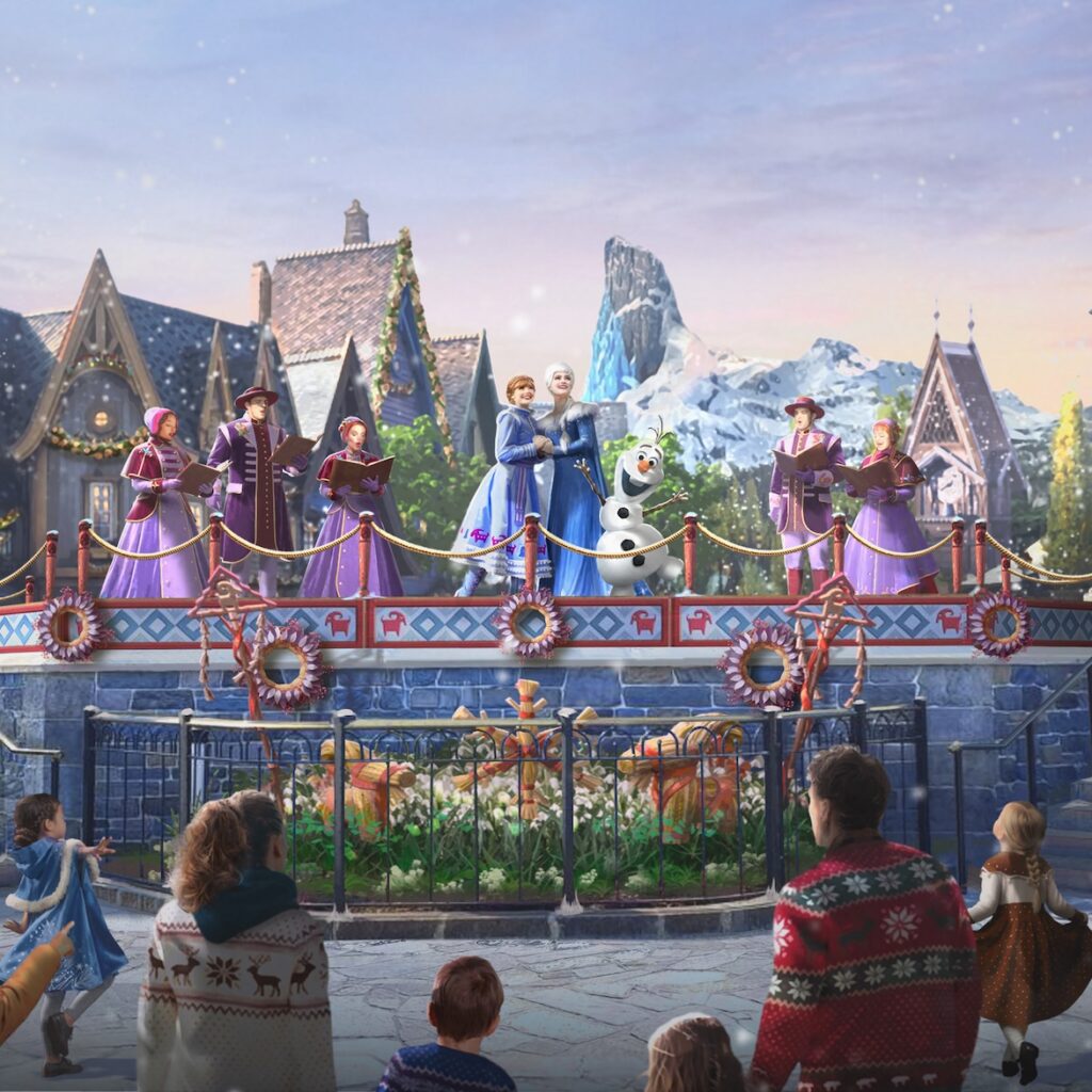 Anna Elsa e Olaf no Natal World of Frozen da Disneyland Paris