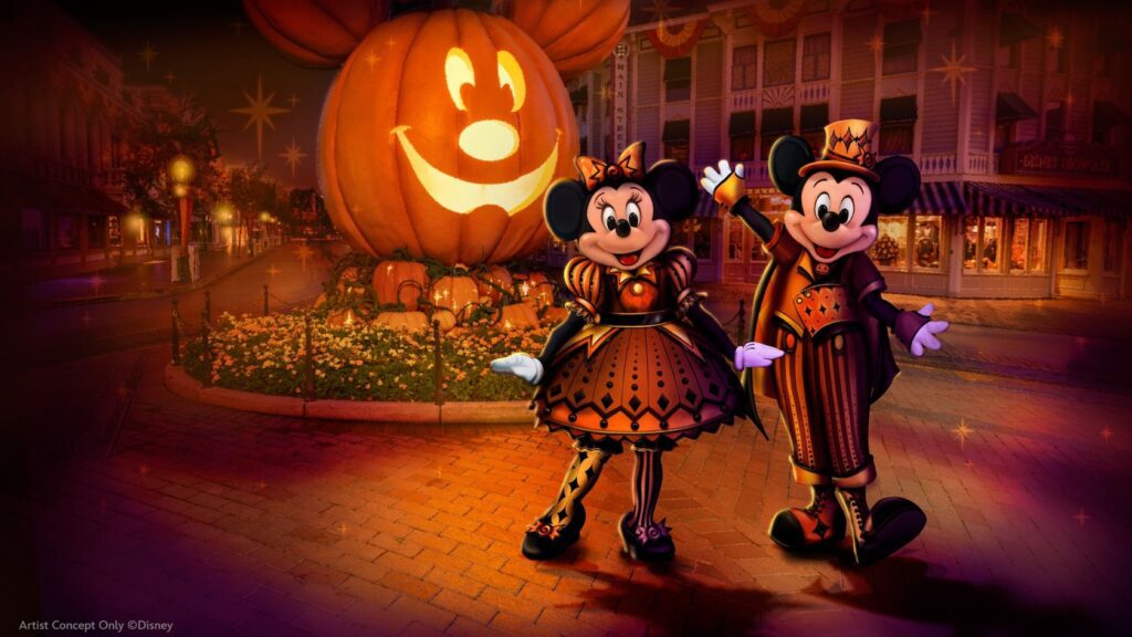 Halloween Disneyland 2026 com Mickey e Minnie em figurinos temáticos